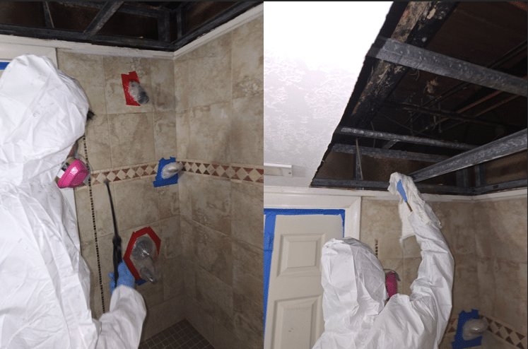 before and after of mold remediation in shower ceiling in apartement in florida